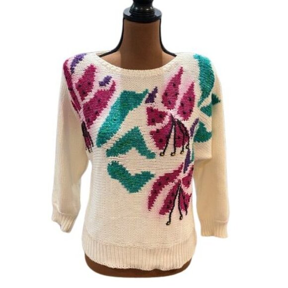 VINTAGE 1980s LQ Knitwear Hand Loomed Vibrant Sweater – Size Large - Picture 1 of 9